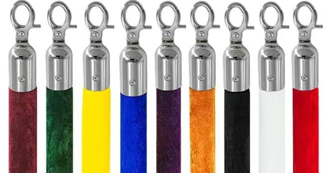 Velvet barrier ropes in a range of colours with metal end clips