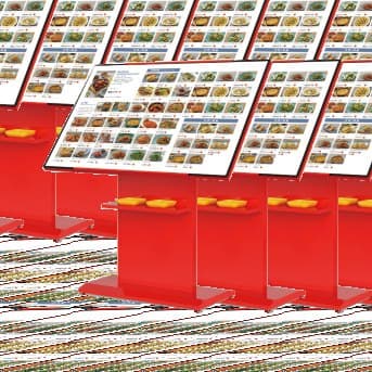 Single-sided cable-hung lightboxes showing menus