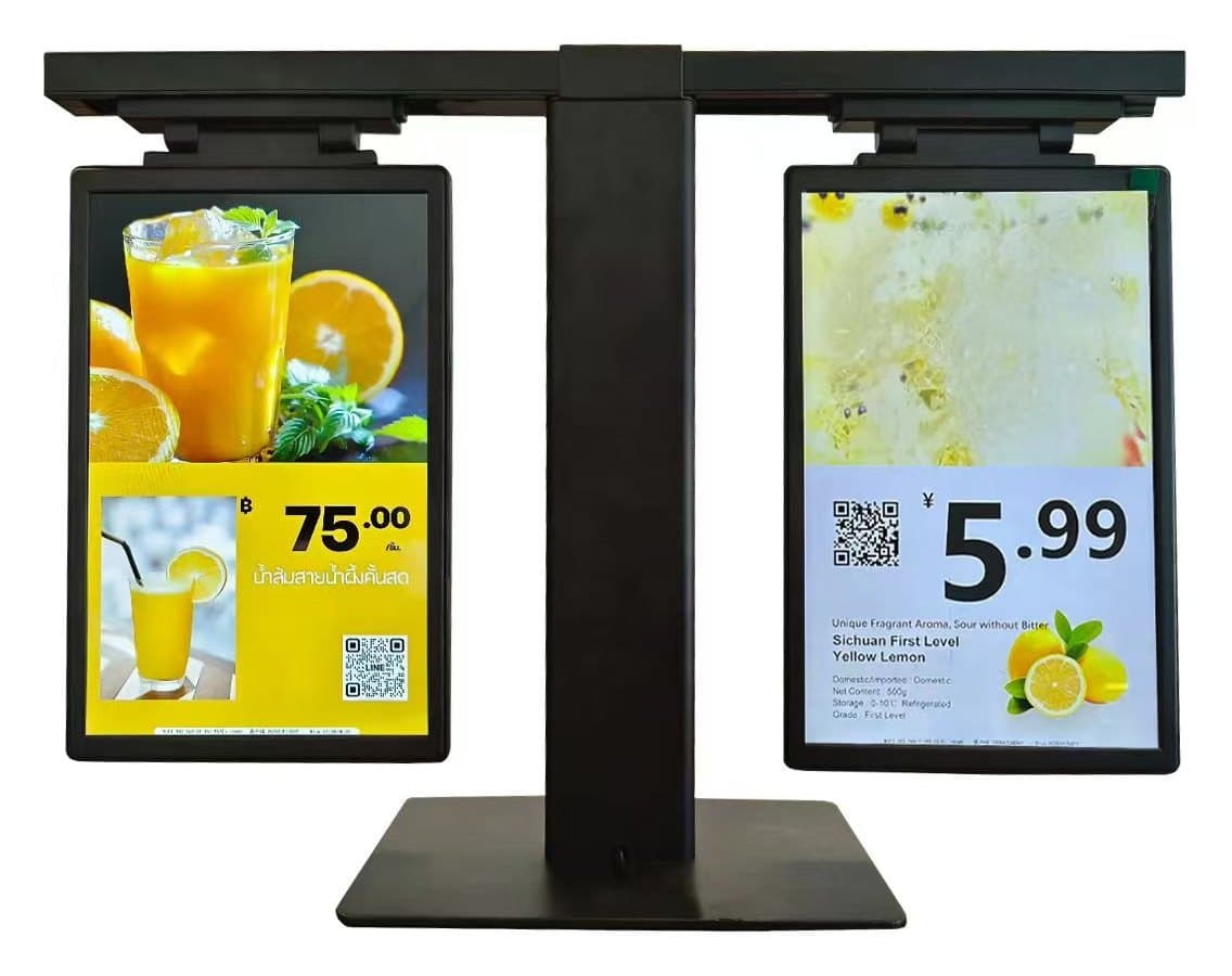 Twin desktop dynamic display screens on a stand