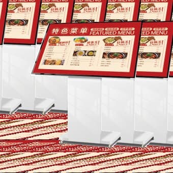 Floor display lightboxes with red menu graphics