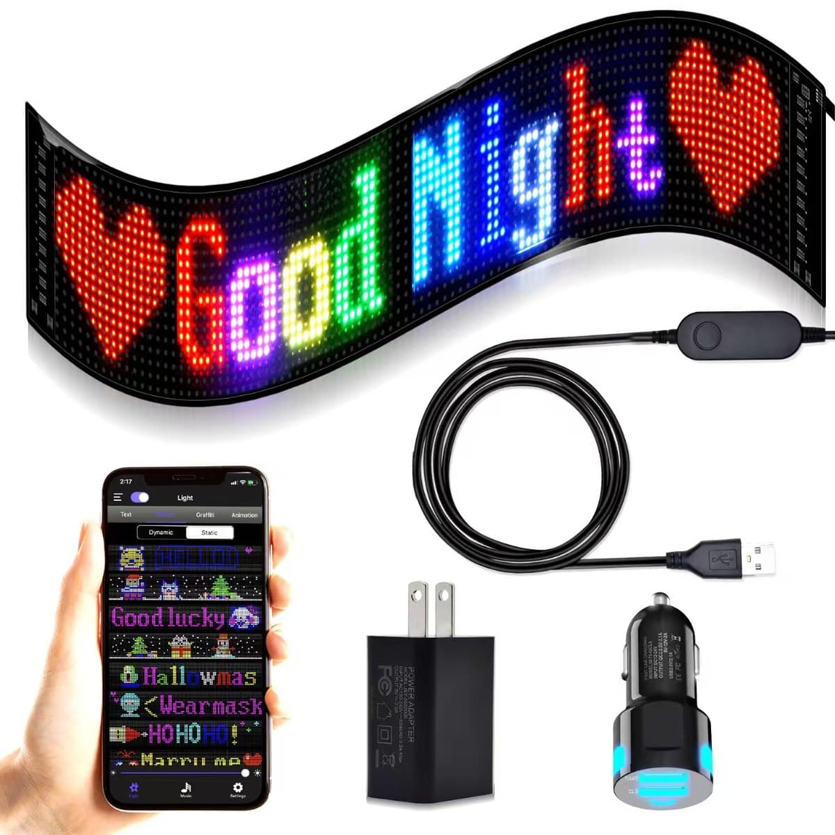 Flexible adhesive LED message screen with phone app control