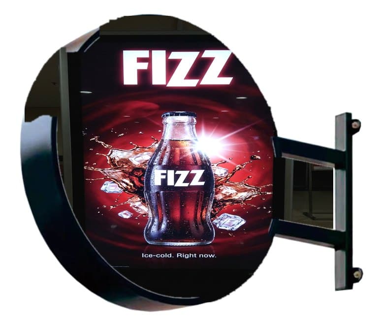 Slim round LED flat lightbox on a wall arm