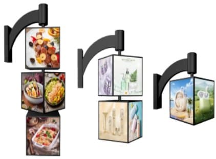 Cube transport lightboxes on wall arms and hanging rods