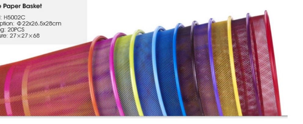 Row of steel mesh waste baskets in red, pink, yellow, green, blue and purple