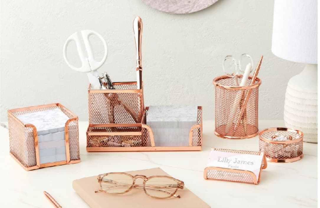 Matching rose gold mesh desk set with pen holder, letter sorter and memo holder