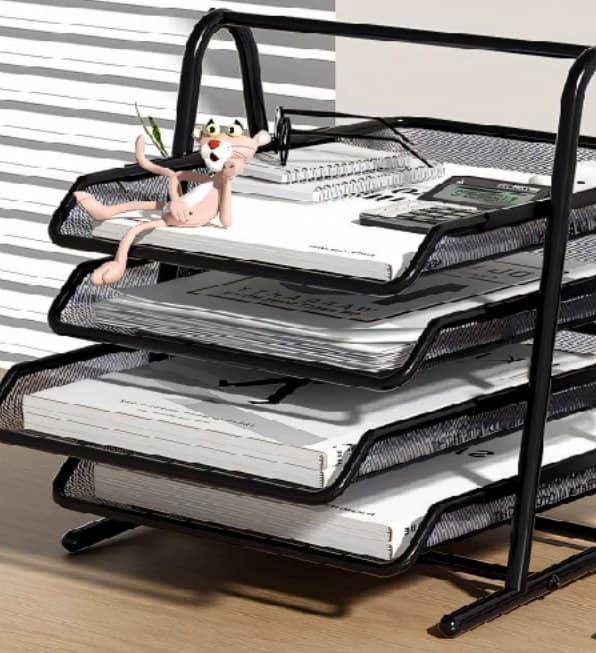 Black three-tier mesh letter tray holding documents