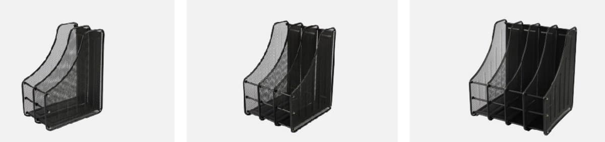 Row of black mesh magazine and file holders in single, double and triple widths