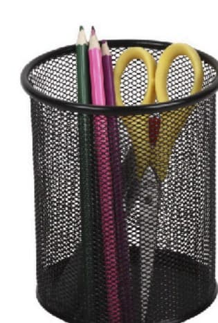 Black steel mesh pen holder filled with pencils and scissors