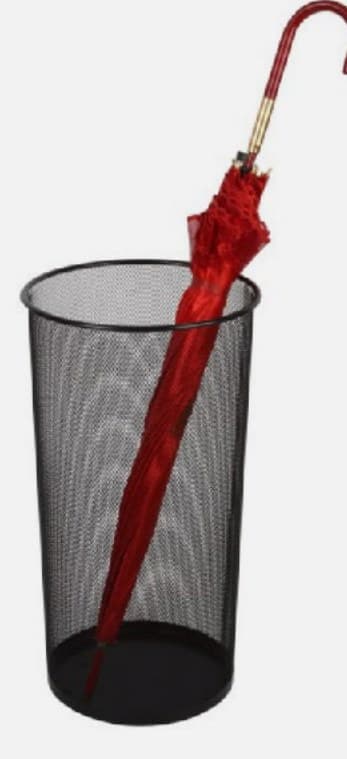 Tall black mesh umbrella basket holding a red umbrella