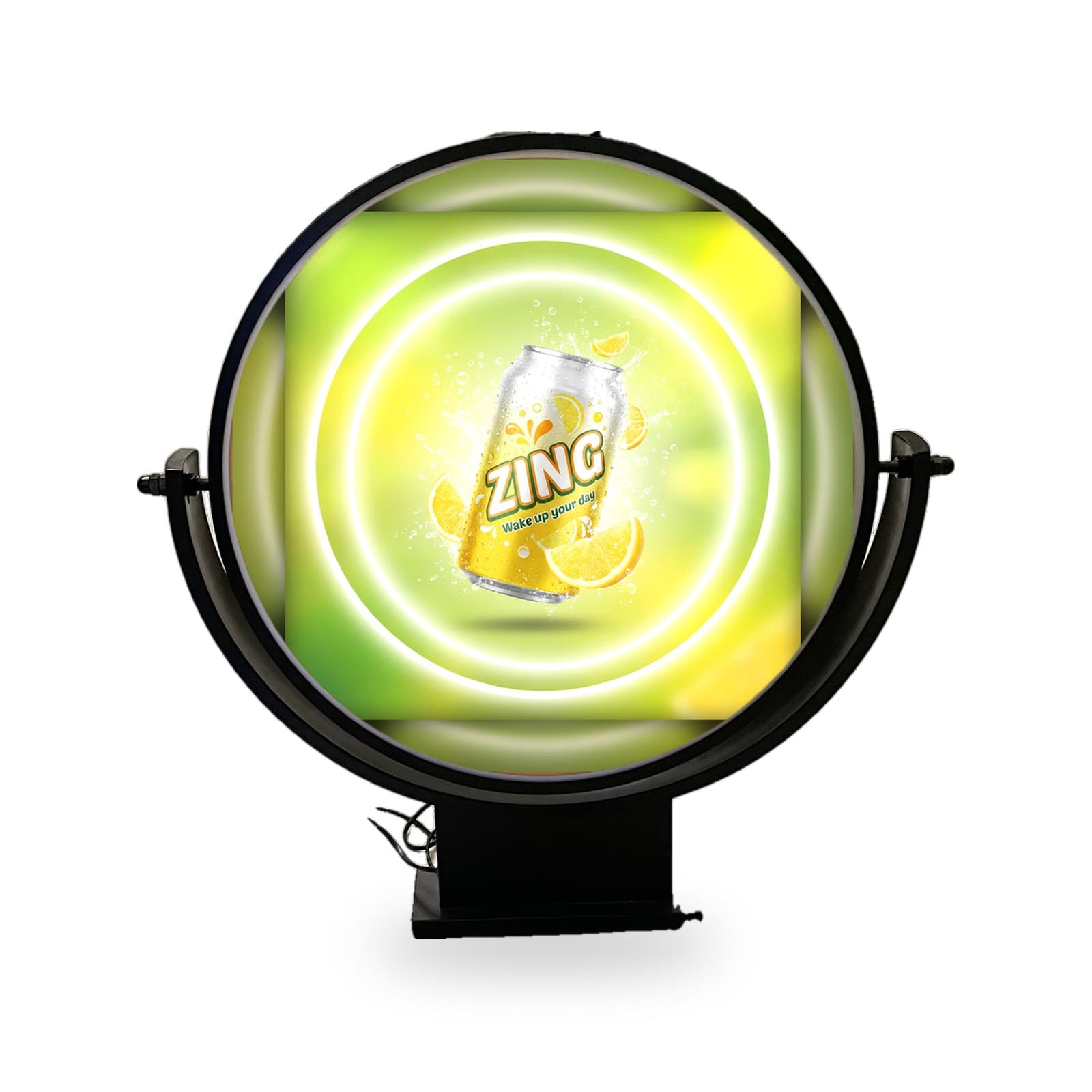 Orbit 17 circular illuminated sign, lit, front view on its cradle