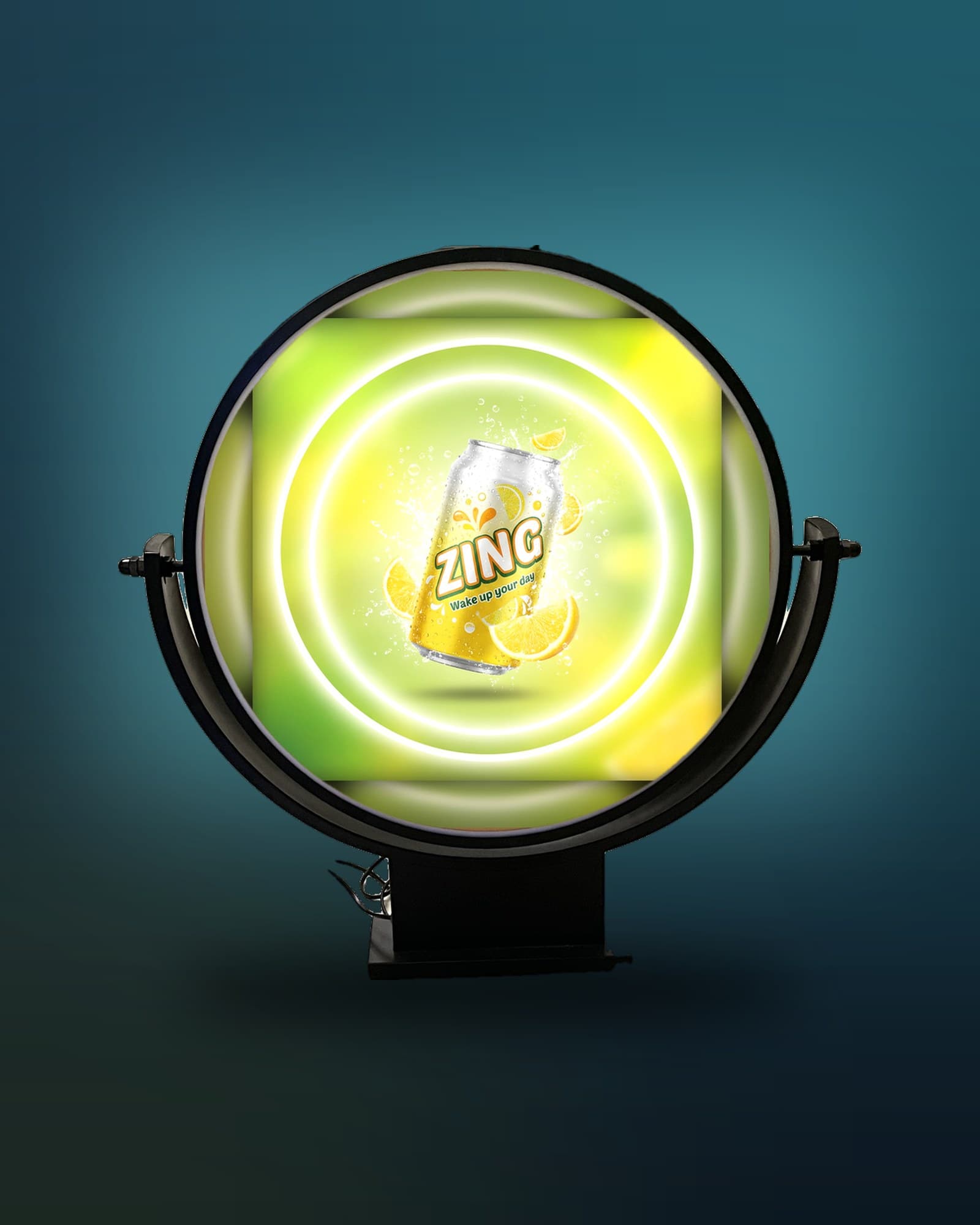 Orbit 17 circular illuminated sign, lit, front view on its cradle