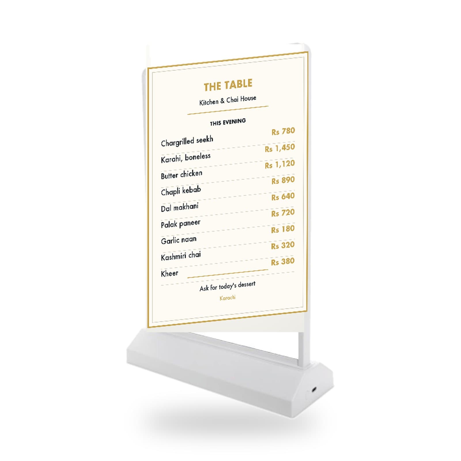 Talker A4 rechargeable double-sided table lightbox showing a lit restaurant menu