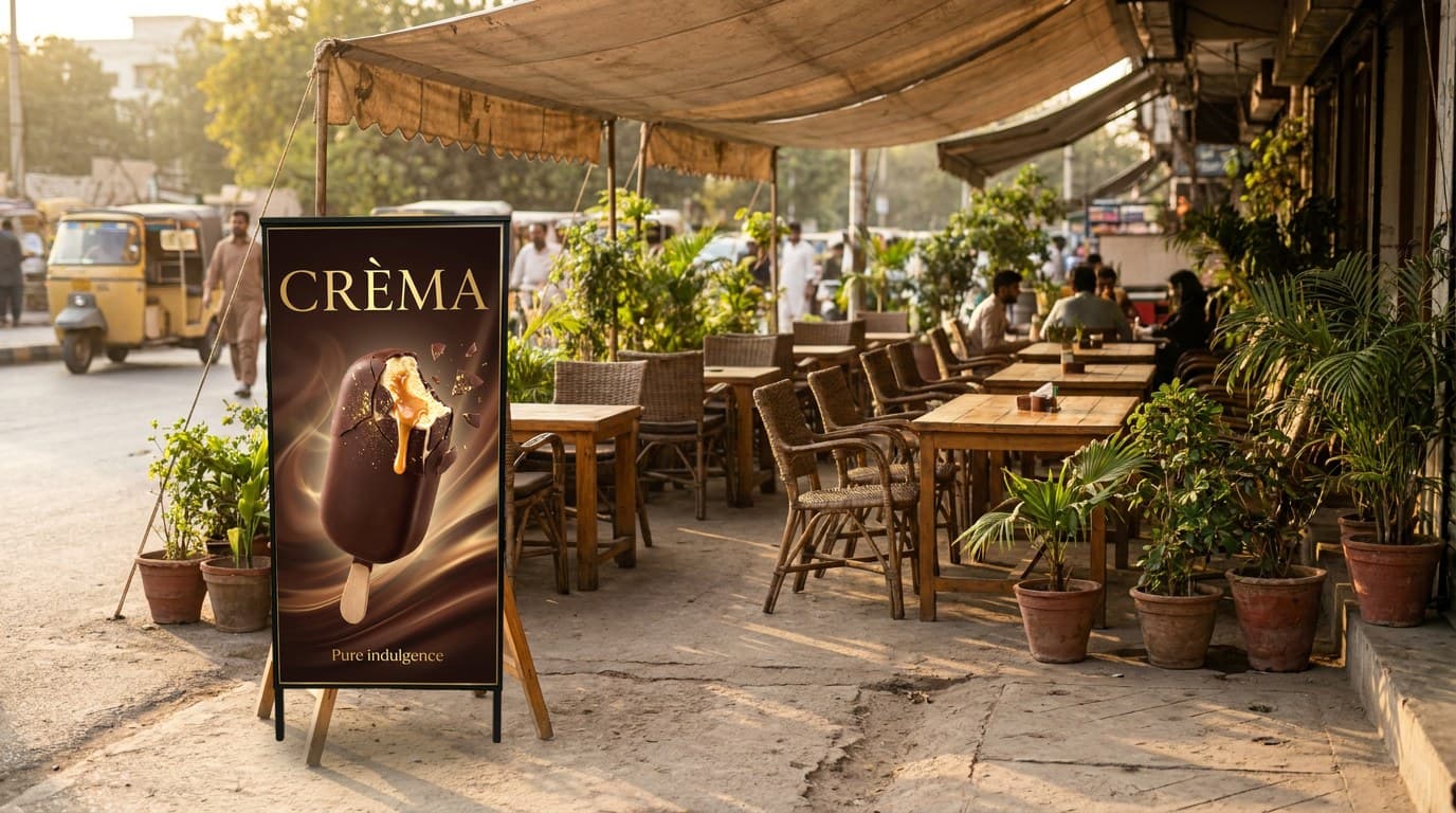 A47 illuminated A-frame on the pavement at the edge of a café terrace at golden hour
