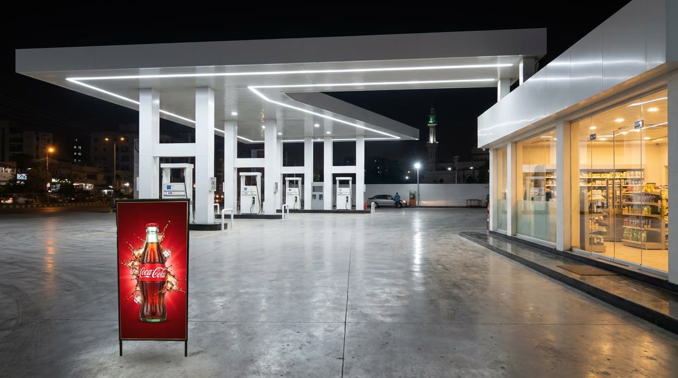 A47 illuminated A-frame on the apron of a modern petrol station forecourt at night, beside the convenience shop