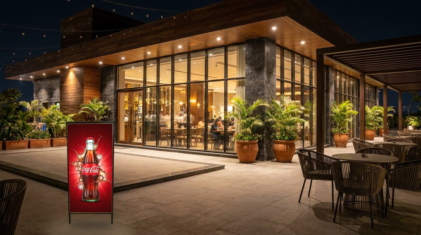 A47 illuminated A-frame on the terrace outside a modern glass-fronted restaurant at night