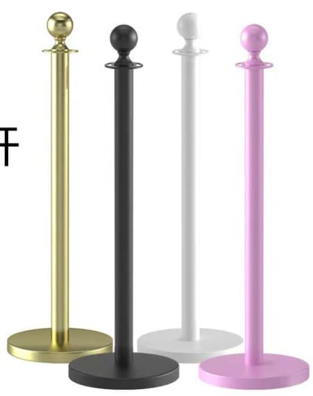 Four concierge poles with round tops in gold, black, white and pink