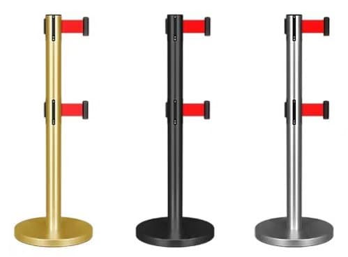 Barrier posts with two retractable belts at different heights