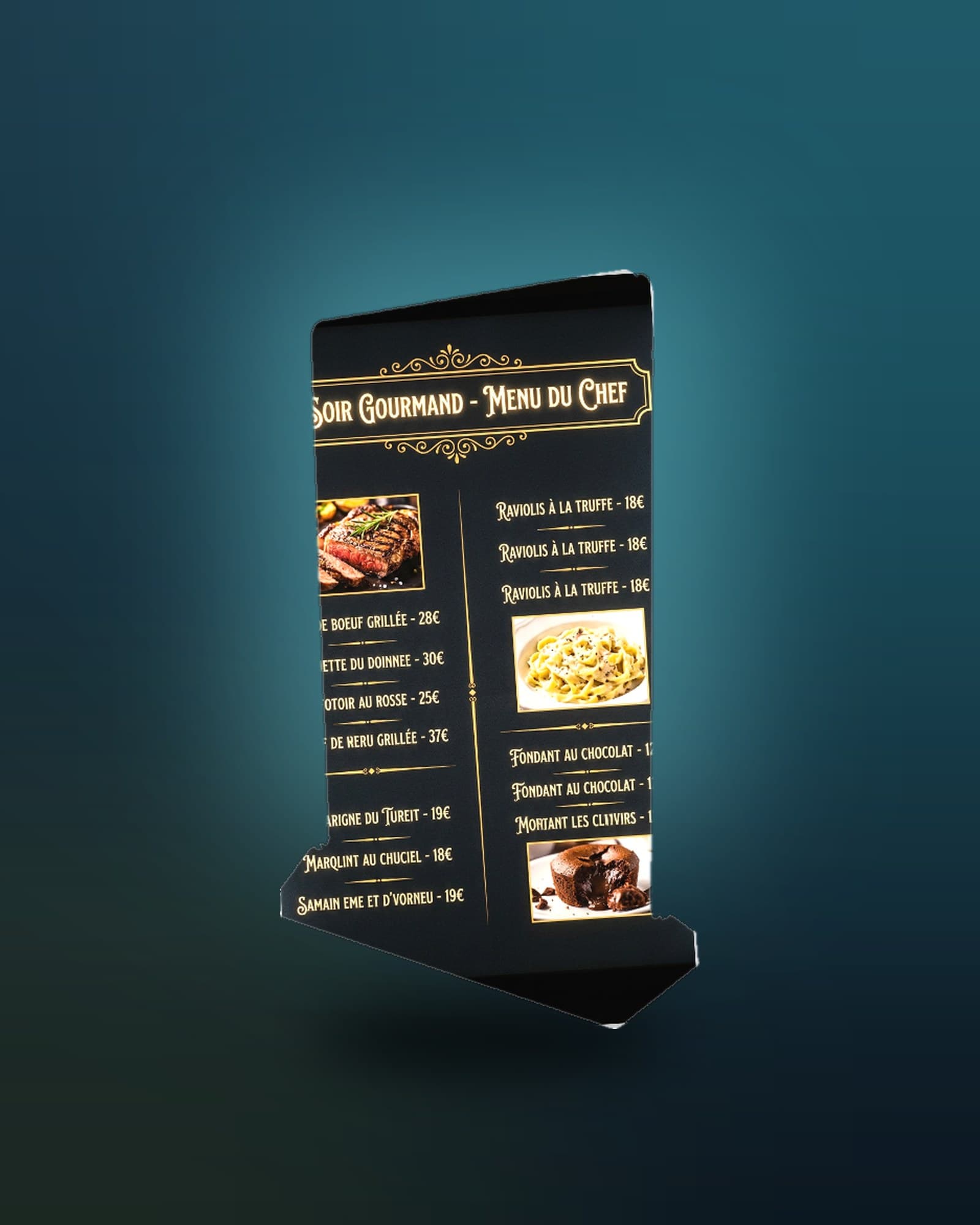Talker A4 rechargeable double-sided table lightbox showing a lit restaurant menu