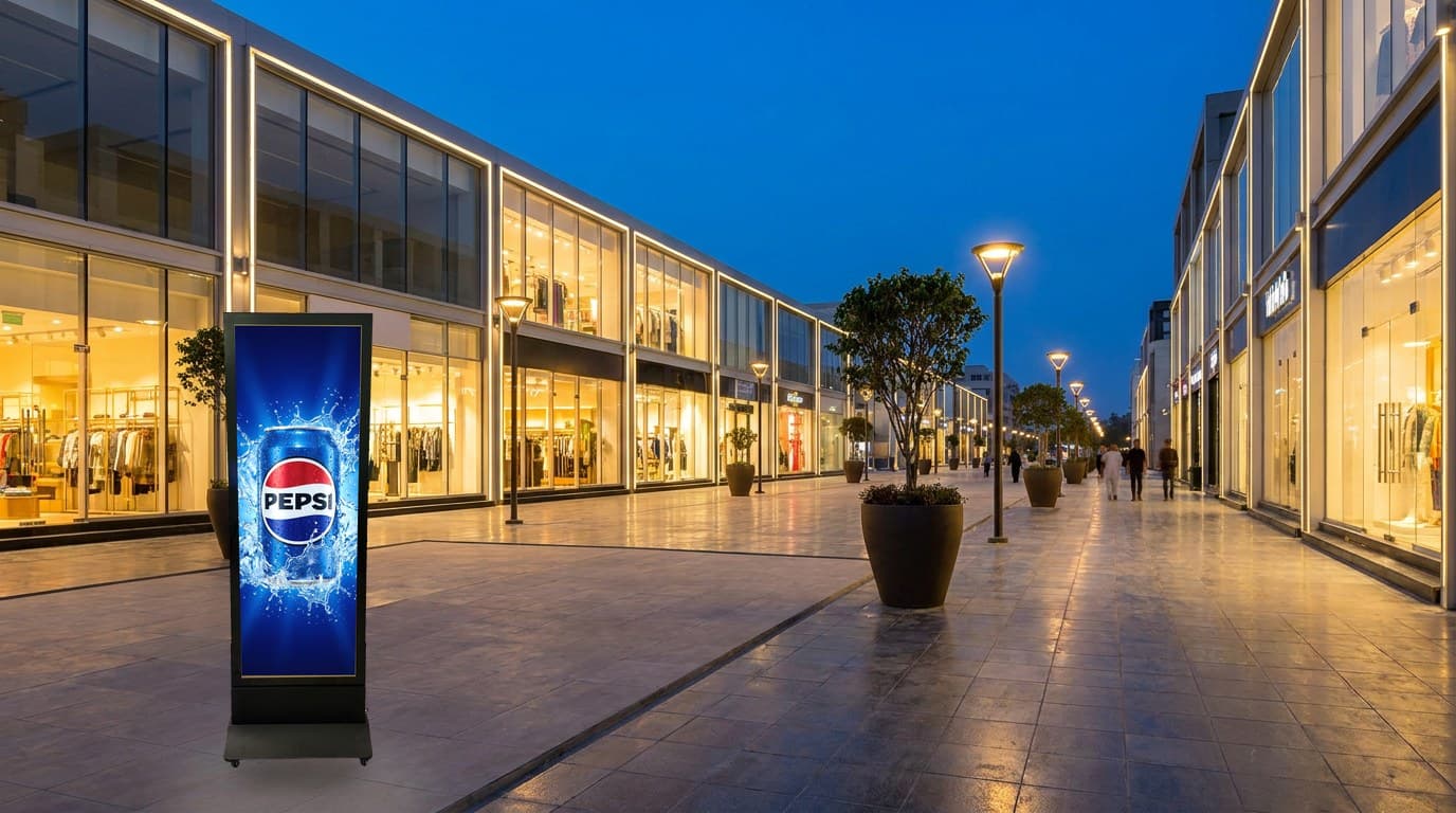 Illuminated display tower lit on the pavement outside glass-fronted stores on an upmarket Karachi street at blue hour