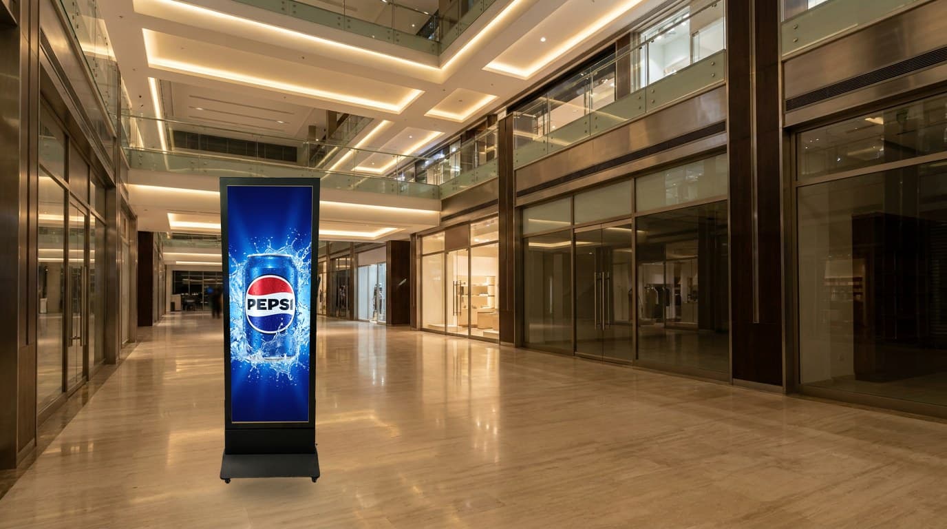 Tower 63 illuminated tower standing on the concourse outside shop fronts in a modern shopping mall