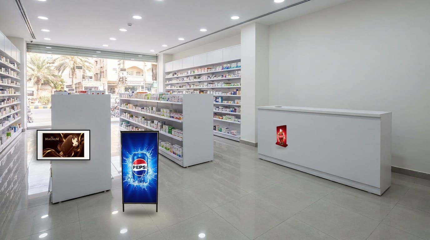 Pharmacy interior with an illuminated panel on the aisle end, a small lit card on the counter and an illuminated standee in the aisle