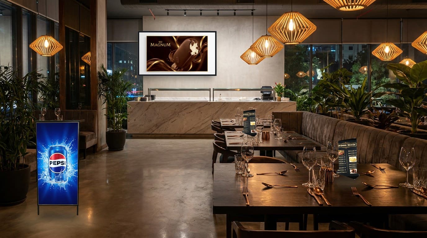 Restaurant interior with lit menu cards on the tables, an illuminated campaign panel above the counter and an illuminated standee by the door